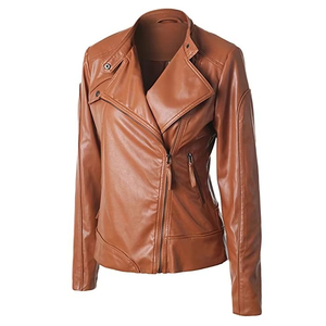 Blouson en cuir pour femme grande taille, coupe ajustée, zippé, léger, court, style motard, avec revers - Product Image 1