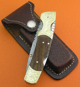 Back <b>Lock</b> Customized Damascus Steel Blade Straight Pocket <b>Knife</b> brass booster engraved wood Handle Leather Sheath Outdoor - Product Image 3