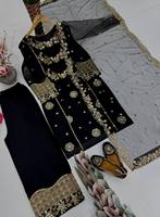 3 buah Set bordir Sharara Gharara Georgette sutra ramping reversibel desainer Readymade pesta pernikahan Diwali etnik India
