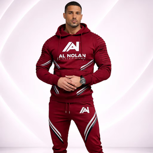 ชุดวอร์มพรีเมี่ยมเบอร์กันดีสำหรับผู้ชาย-ชุดวิ่งมีฮู้ดติดโลโก้ตามสั่งชุดออกกำลังกายแนวสตรีทรัดรูป - Product Image 1