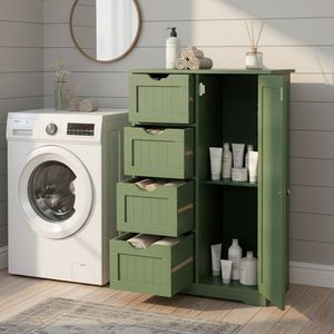Mobile da Bagno Verde Foresta con 4 Cassetti e 1 Anta in MDF Verniciato e Rivestimento in Melamina 56*30*82.5cm con Strisce Verticali - Product Image 3