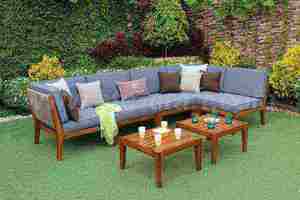 Contemporary Outdoor <b>Garden</b> <b>Sofa</b> Set with Wooden Frame and Gray Cushions for Patio Use - Product Image 3