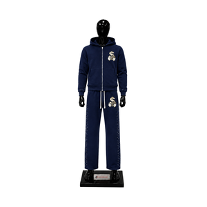 Conjunto Deportivo Azul Marino Personalizado para Hombre, Sudadera con Cremallera Completa, Pantalones Deportivos de Pierna Ancha, Logotipo Gráfico, Ropa Deportiva Casual, Estilo Urbano, Venta al Por Mayor - Product Image 1