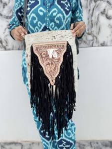 Bolso de mano de cuero auténtico con flecos de piel de vaca estilo occidental para mujer, elegante y de gran venta, con pelo de piel, bolsos bohemios de la India - Product Image 5