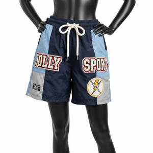 Shorts coupe-vent légers en polyester 130 GSM, bleu marine clair, avec broderie et patch personnalisés, logo sur mesure, pour femmes. - Product Image 2