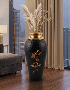 Luxury matte black floor <b>vase</b> <b>small</b> with hammered gold rim and intricate floral vine detailing. Premium home decor centerpiece - Product Image 1
