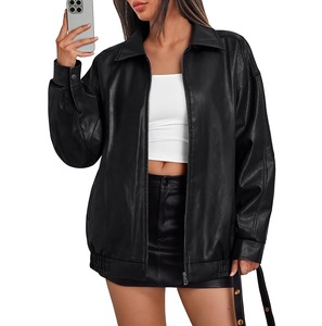 Chaqueta Bomber de Cuero PU Negra para Mujer con Cierre de Cremallera, Cuello Camisero, Manga Larga, Estilo Otoñal a Prueba de Viento - Product Image 3