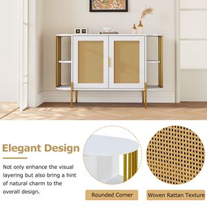 Elegante Credenza Curva a 2 Ante con Finiture Dorate e Porte in Rattan Intrecciato per Sala da Pranzo e Collezioni di Stoviglie - Product Image 5