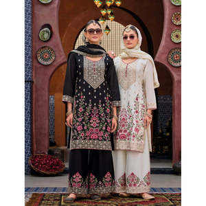 Conjunto de traje de fiesta para mujer de diseñador Plazzo Top y Dupatta con espejo real hecho a mano - Product Image 1