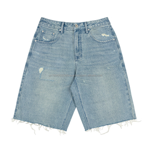 Streetwear bleu longueur genou Cargo Denim Shorts personnalisé qualité lavage déchiré ourlet décontracté rétro hommes court avec poche - Product Image 2
