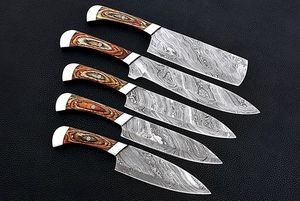 Juego de 5 Cuchillos de Cocina Hechos a Mano de Acero de Damasco con Hoja Recta y Punta Caída, Mangos de Micarta, Personalizables OEM/ODM/OBM - Product Image 3