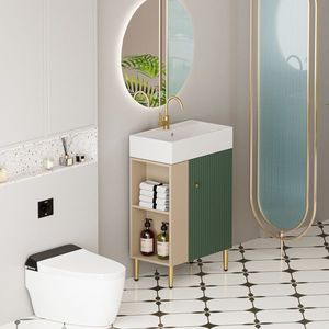Mobile bagno con ripiano aperto da 21,6 pollici, lavabo in ceramica con chiusura ammortizzata e specchio, armadietto contenitore lato sinistro per guardaroba - Product Image 2