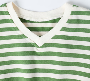 T-shirts unisexes en coton 100% pour filles, style décontracté, col en V, manches courtes, rayures vertes et blanches, tricoté, 160g, lavable, Bangladesh - Product Image 4