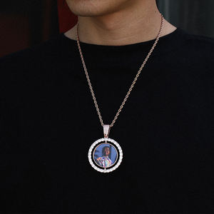 Gold Plated Silver Lab Grown Diamond Rotating <b>Memory</b> Custom Photo Pendant Tennis Circle Charm - Product Image 4