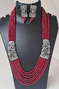 Luxury Multi-Layer Pearl <b>Necklace</b> Set with <b>Ruby</b> Red Stone Pendant and Matching Earrings Bridal Wedding Jewelry - Product Image 3