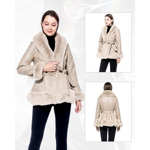 Abrigo Largo de Piel Genuina con Ribete de Pelo para Mujer, Elegante Abrigo de Invierno de Borrego, Proveedor Mayorista de Ropa OEM Personalizada | - Product Image 3