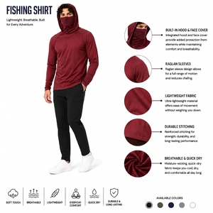 Men's UPF 50 Quick Dry Hooded <b>Long</b> <b>Sleeve</b> Performance Shirt Solid Color <b>Red</b> Polyester Fishing Wear - Product Image 6