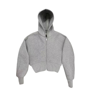 Sudadera con capucha corta personalizada de moda con estampado de puntos brillantes y pedrería, corte regular, unisex, con cremallera frontal, de forro polar, para uso casual. - Product Image 5