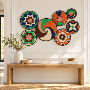 Juego de 7 piezas de decoración de pared colgante de yute bohemio negro personalizable, arte floral geométrico redondo hecho a mano y tejido en espiral para venta al por mayor - Product Image 5