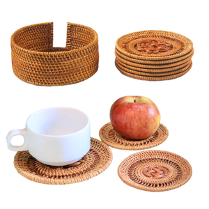 Ensemble de 6 dessous-de-verre ronds en osier faits à la main et durables avec support, style floral, en rotin, pour le thé et le rangement - Product Image 3