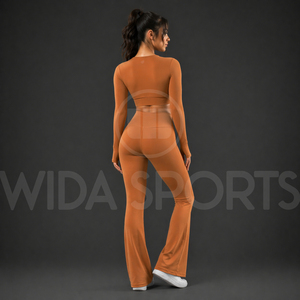 Premium Eco-Friendly Solid Flare Yoga <b>Set</b> Women High Waist Leggings Long Sleeve Crop Top Breathable Stretch Fitness Gym Outfit - Product Image 2