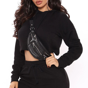 Women Black Cropped Hoodie <b>Sweatshirt</b> Long Sleeve Solid Color Casual Autumn Wear 100% Cotton Drawstring Pants Set - Product Image 3