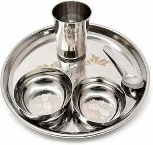 Ensemble de thali en acier inoxydable de qualité supérieure avec design floral gravé, assiette à dîner, bols, verre et cuillère pour usage domestique - Product Image 5