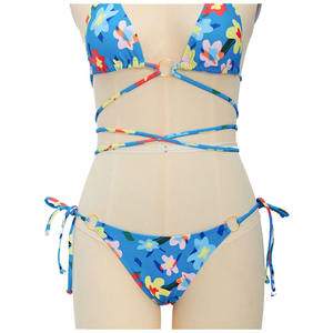 Women's Solid Halter Bandeau Bikini 2-Piece Set with Lace up Front Embroidery <b>Seamless</b> Knitted Blue Stretch Swimwear - Product Image 6