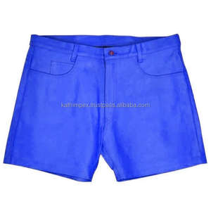 Custom Men's Blue <b>Leather</b> <b>Shorts</b> Zipper & Snap Closure, Breathable, Belt Loops, Multi Pockets <b>for</b> Casual and Streetwear - Product Image 1