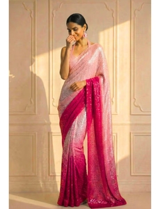 Sari en rayonne rose ombré orné de broderies KV International avec blouse non cousue pour femme - Tenue de soirée, sans plis et séchage rapide - Product Image 4
