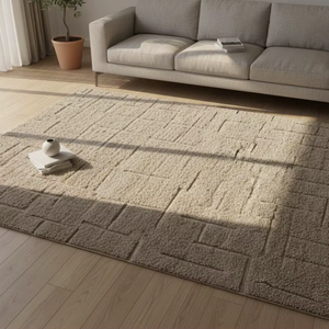 Tapis de salon moderne fait main de style marocain, en laine beige épaisse, à poils ras, tissage plat, géométrique texturé - Product Image 3