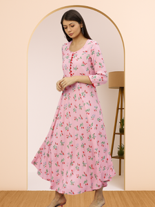 Robe Anarkali en rayonne à imprimé floral rose, style évasé, ethnique, traditionnelle, décontractée, pour l'été, séchage rapide, protection solaire, vêtements pour femmes - Product Image 3