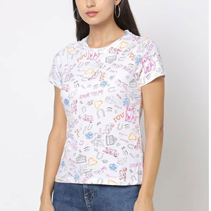 T-shirt blanc imprimé à col rond et manches courtes pour femme, coupe classique, en coton, décontracté, printemps-été, jersey tricoté respirant - Product Image 1