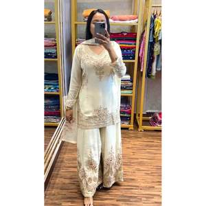 TENDANCE CHINON SOIE BRODERIE TRAVAIL TOP PALAZZO AVEC DUPATTA BLANC - Product Image 1