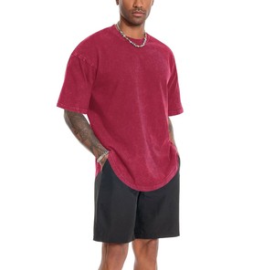Camiseta de Manga Corta para Hombre, Estilo Urbano, Cuello Redondo, Color Granate, Lavado Ácido, Talla Grande, 100% Algodón, Alta Calidad, OEM, 2026 - Product Image 3
