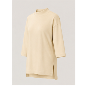 Camiseta Oversize de Cuello Alto y Manga Tres Cuartos en Amarillo Pálido para Mujer WTS-0153 - Product Image 3