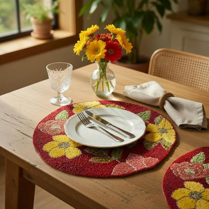 Round Handmade Embroidered Cotton <b>Placemat</b> with <b>Yellow</b> and Red Floral Design Needlework FAIZA CRAFT Holiday Home Decor - Product Image 5