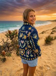 Veste en coton brodée à la main avec des motifs floraux, des cœurs, des yeux et des oiseaux, col rabattu, manches longues, style chic de la Prairie pour le printemps - Product Image 4