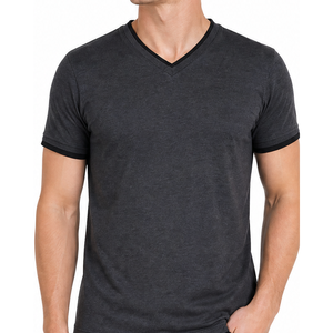 T-shirt personnalisé pour homme, gris foncé, col en V, bordure contrastante noire, coupe ajustée, décontracté, basique, vente en gros, OEM, manches courtes - Product Image 2