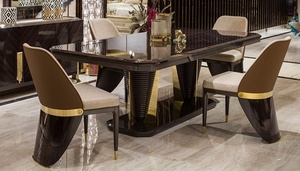 Ensemble de table à manger en teck massif de luxe moderne, contemporain, 6 chaises, piétement brillant doré, mobilier de salle à manger, villa, hôtel - Product Image 3