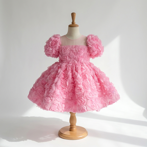 Vestido de tul con mangas abullonadas y encaje para fiesta de cumpleaños, desfile, baile de gala, vestido de princesa rosa de lujo para niñas, con flores 3D, diseño floral, premium. - Product Image 1