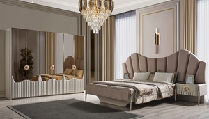 Ensemble de chambre à coucher moderne de luxe en teck massif, style Art Déco, lit king size capitonné à festons avec armoire et coiffeuse - Product Image 6