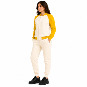 Unisex 2-Piece Fleece Sweatshirt <b>Set</b> for Yellow Striped Mandarin Collar Full Sleeve Button Front Loose Fit All Seasons - Product Image 5