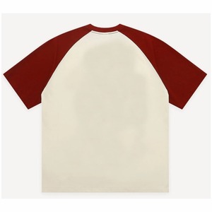 T-shirt à manches raglan crème et rouge pour homme, col rond, coupe classique, en coton tricoté, style décontracté - Product Image 2