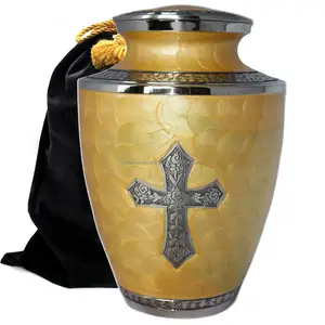 Yellow Religious Cross Cremation Urn for Ashes Funeral Supplies