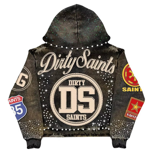 Dirty Saints Hooded Zipper <b>Jacket</b> Men Oversized Streetwear Printed Polyester Knitted Sweatshirt with Pockets and <b>Rhinestone</b> Deta - Product Image 2