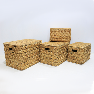 Eco-friendly Water Hyacinth Woven Storage <b>Baskets</b> <b>with</b> <b>Lid</b>-Nesting Organizer For Home - Product Image 6