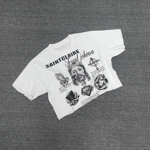 Camiseta Corta de Calidad Personalizada 250GSM con Estampado Puff, Cuello Desgarrado, 100% Algodón, Dobladillo Desgastado, Color Degradado, Casual para Hombre - Product Image 5