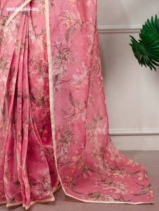 Hermoso Saree Kota Doria con Tejido Checks-Zari y Estampado Digital Floral - Colección de Blusas Listas para Usar Lucknowi - Exportador Indio - Product Image 5