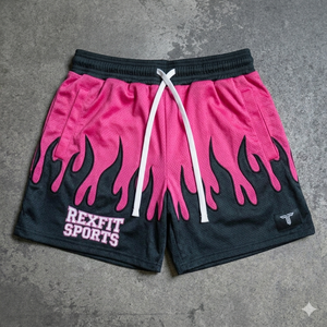 Shorts de sport personnalisés REXFIT SPORTS, design imprimé flamme, en mesh respirant pour hommes et garçons, pour entraînement de basketball et fitness. - Product Image 5